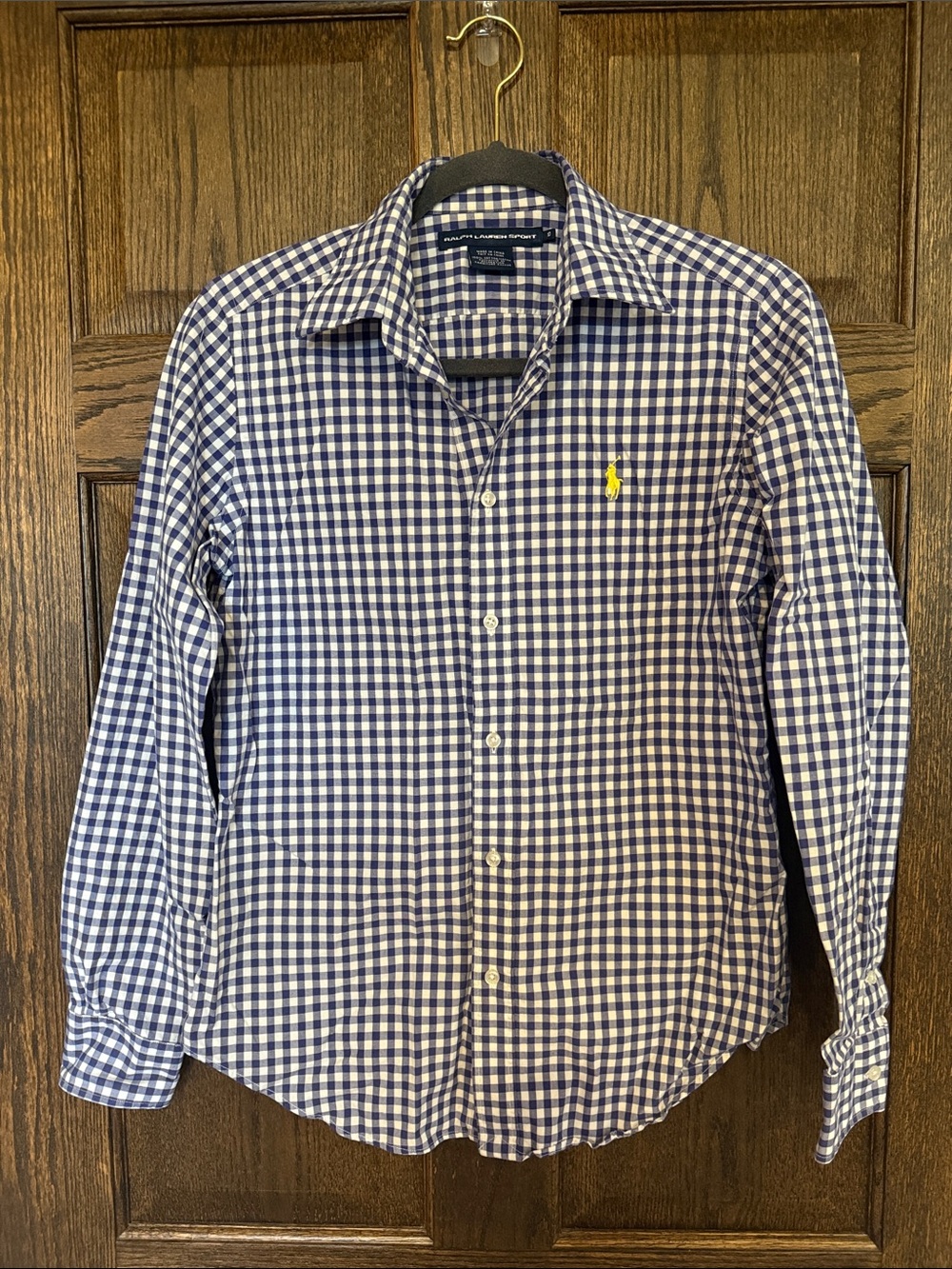 Ralph Lauren Sport Navy & White Gingham Button-Up Shirt with Yellow Pony Logo 10